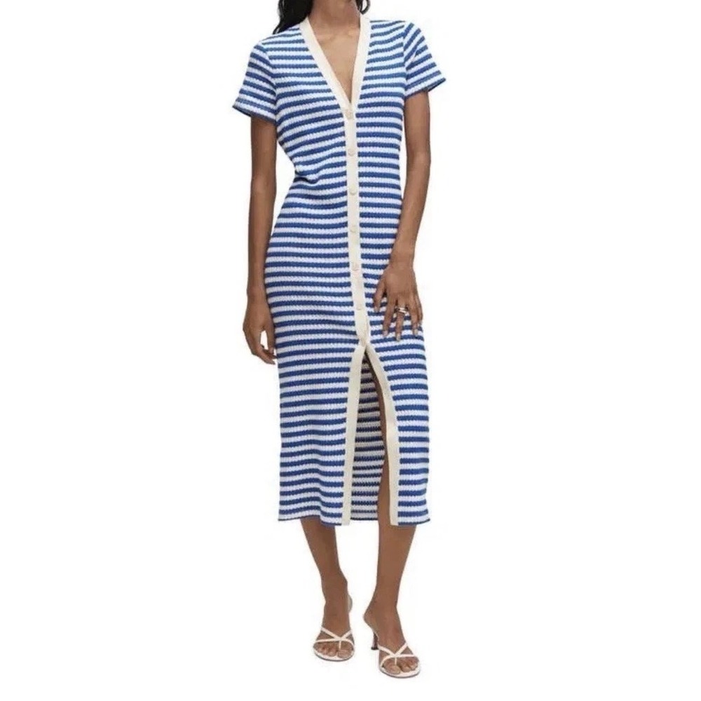 Mango Midi Dress Size 8 Blue white Striped Knit Preppy Jersey Nautical Coastal